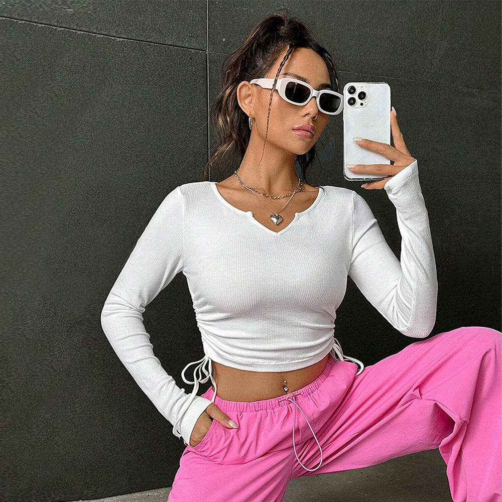 White V Neck Side Ruched Top