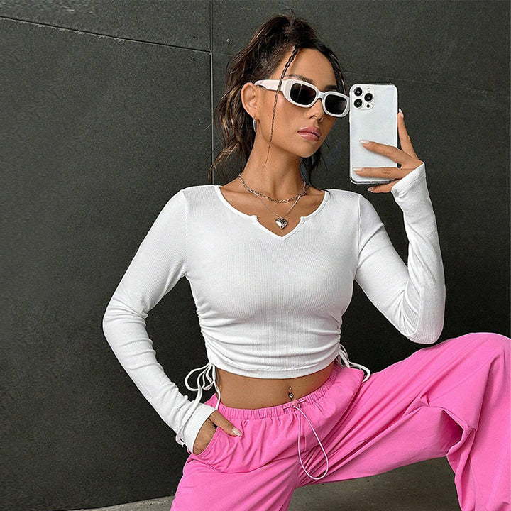 White V Neck Side Ruched Top