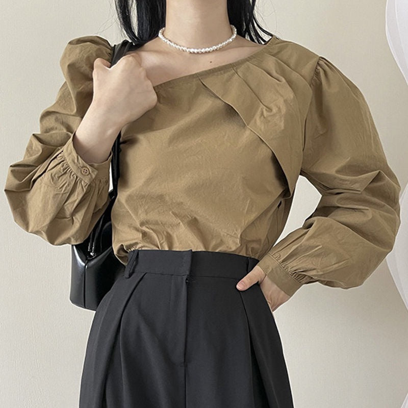 Khaki Assymetric Nwck With Pleats Top