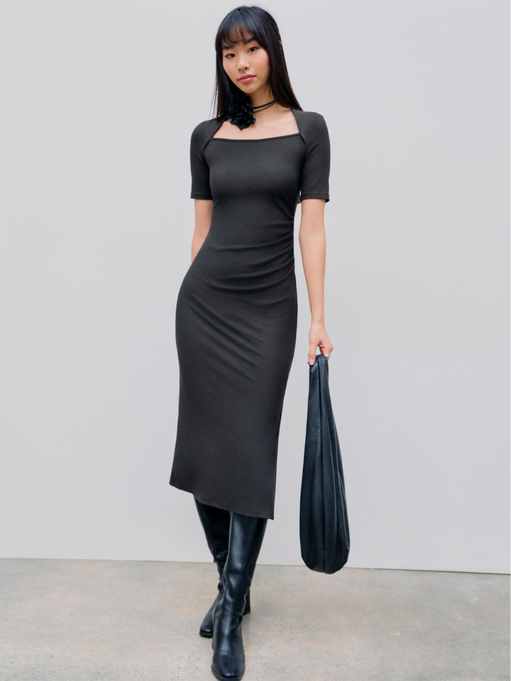 Black Square Neck Overlay Detail Dress