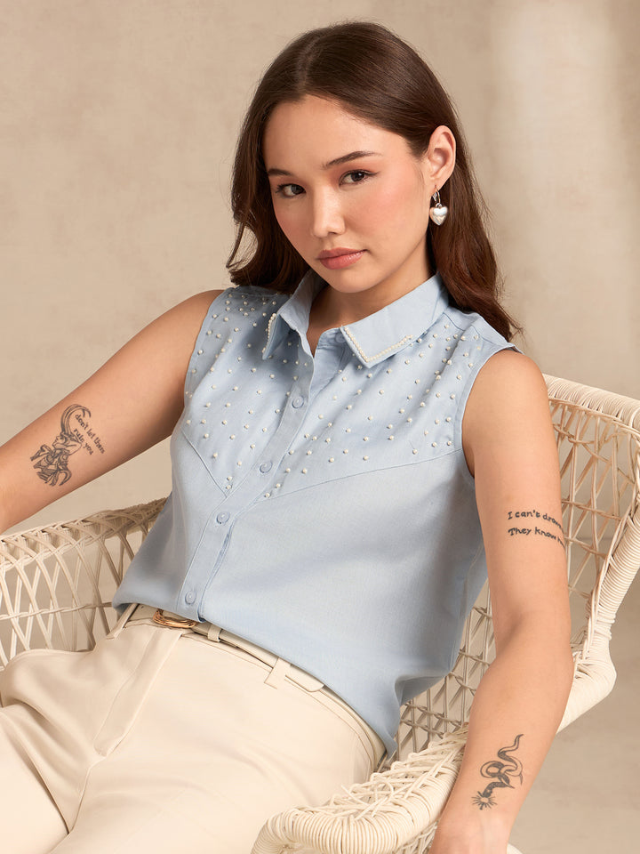 Blue Embellished Sleeveless Shirt