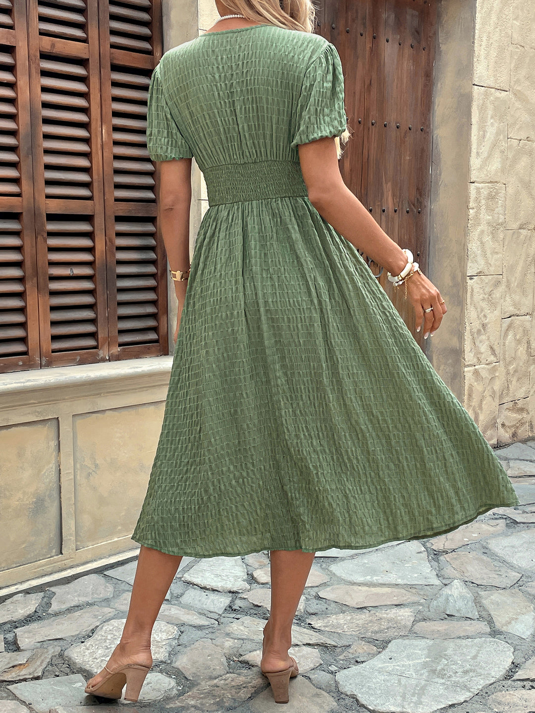Green V-Neck Waist Detail Dress