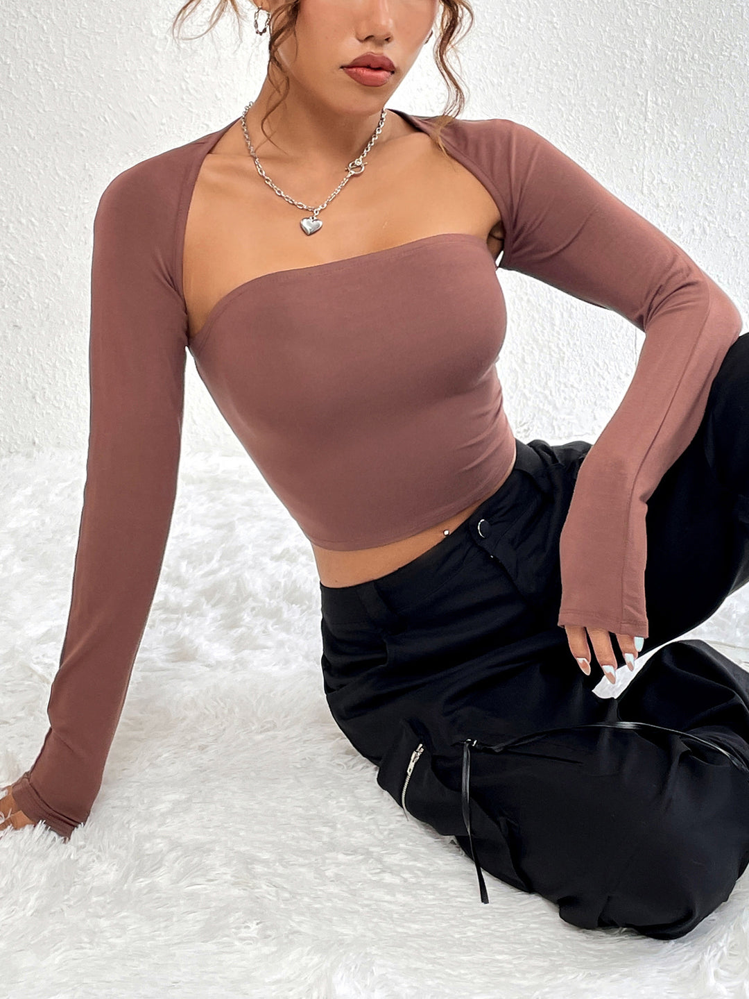 Brown Scoop Sweetheart Neckline Fitted Overlay Style Top