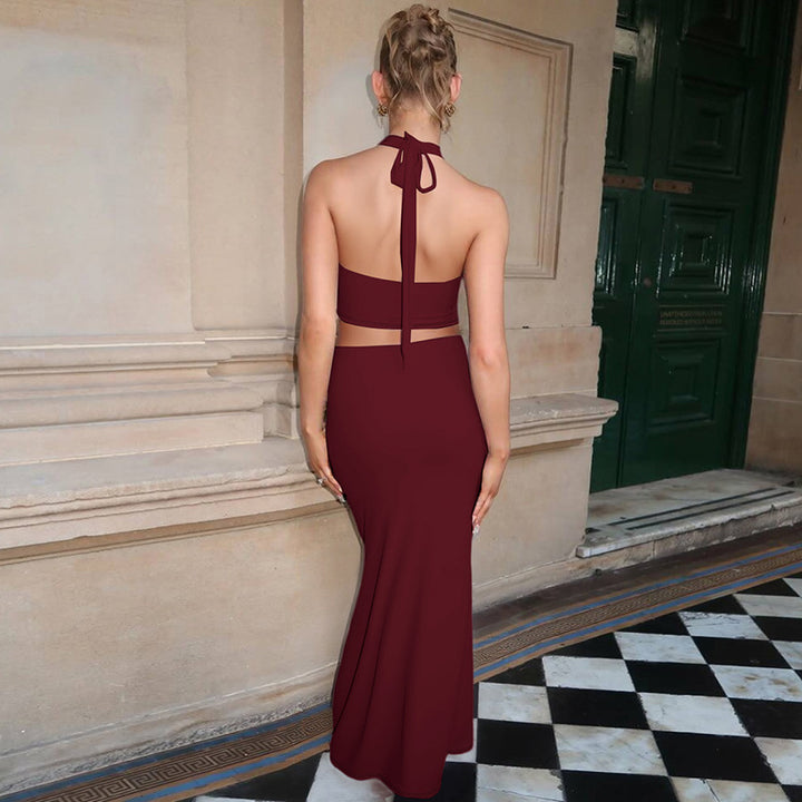 Burgundy Halter Neck Top With Skirt Co-Ord Set