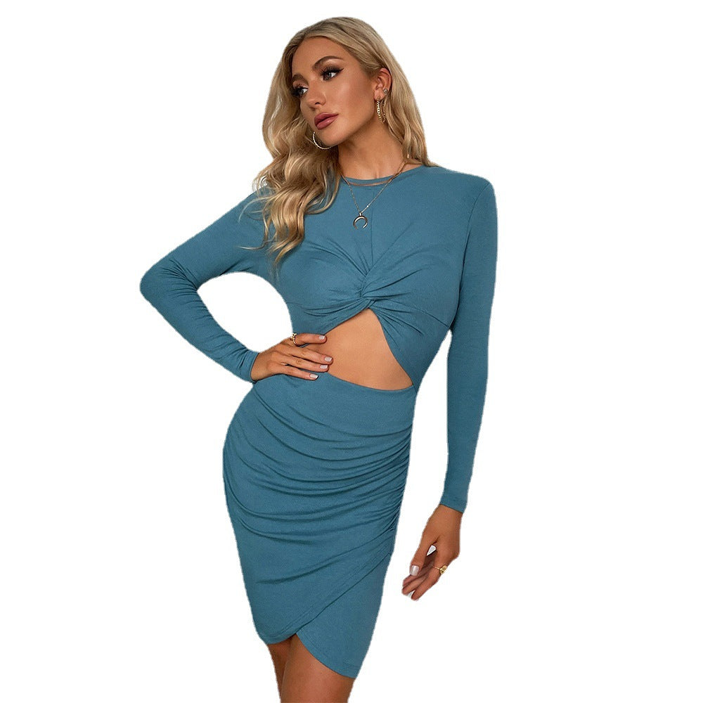 Blue Full Sleeve Front Cut-Out Detail Dress