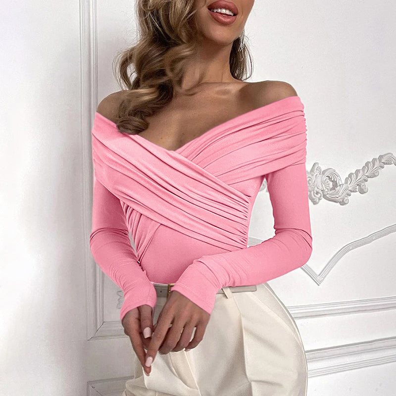 Pink Cross Front Off Shoulder Fitted Top