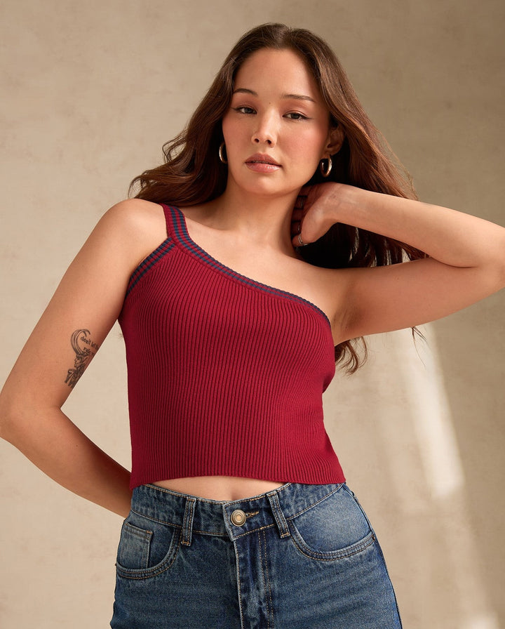 Red One Shoulder Flat Knit Tank