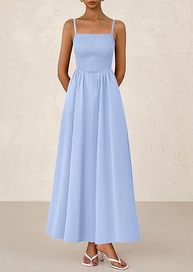 Blue Strappy Square Neck Cinched Waist Dress With Pockets