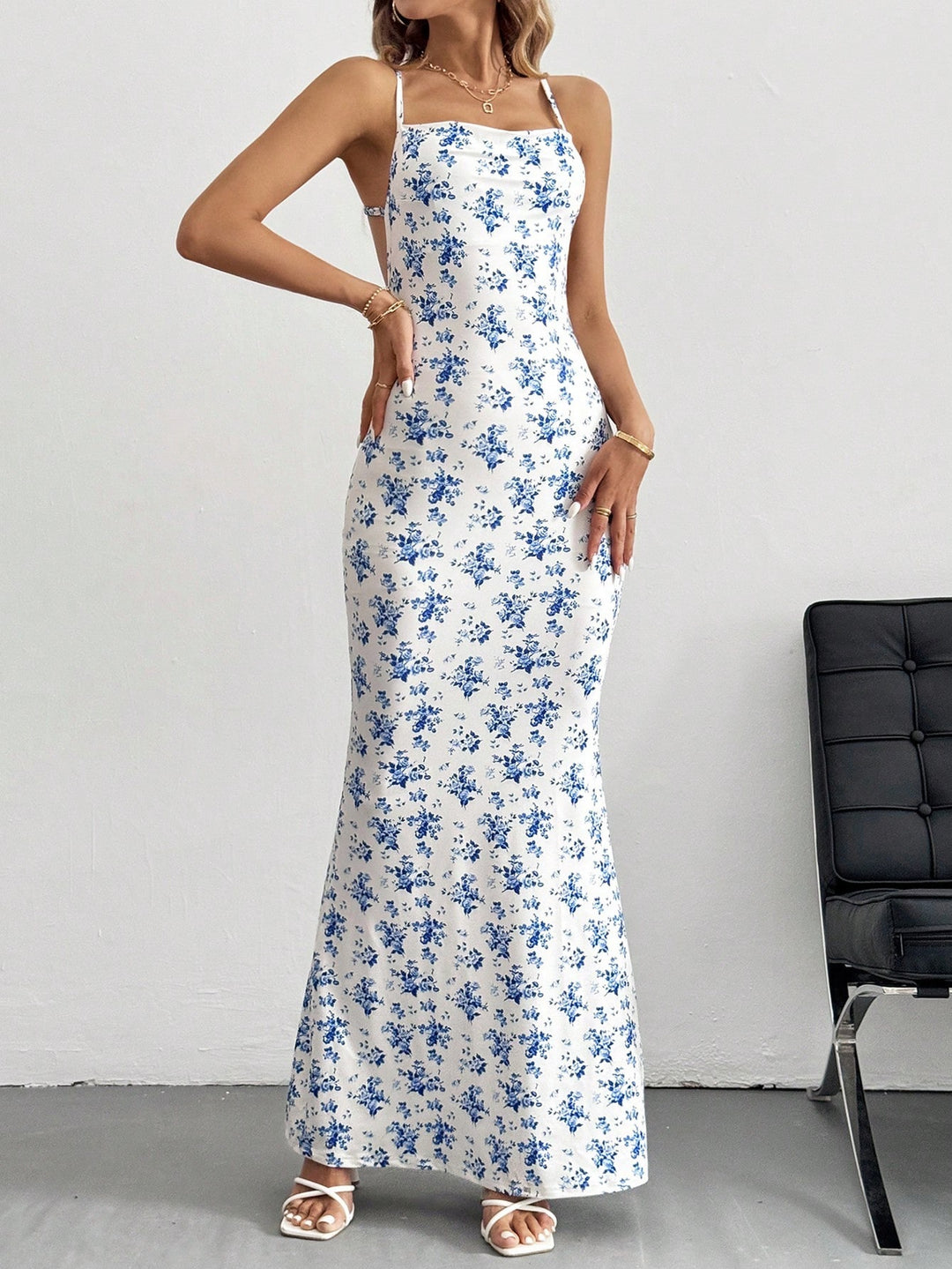 Green Printed Shoulder Strap Backless Dress