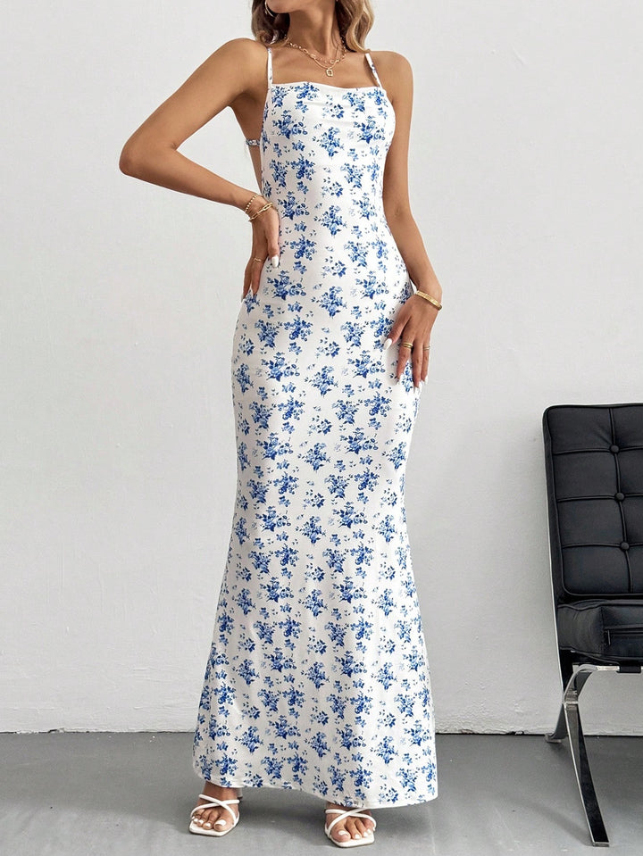 Green Printed Shoulder Strap Backless Dress