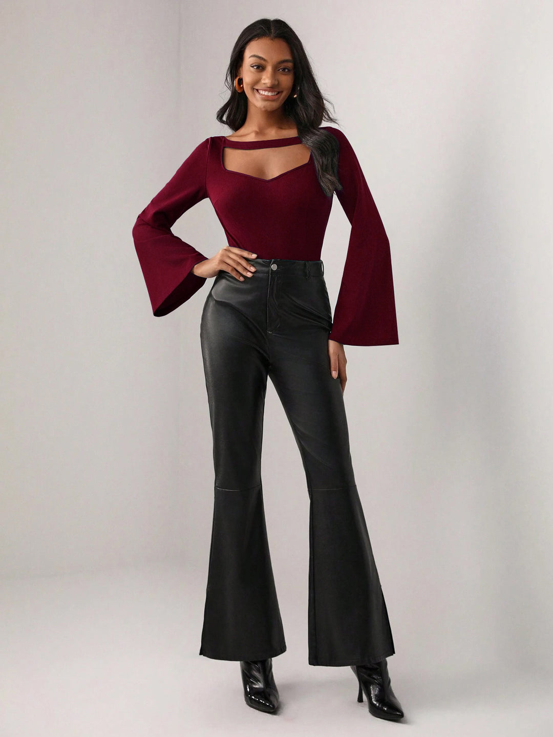 Wine Bell Sleeved Fitted Top