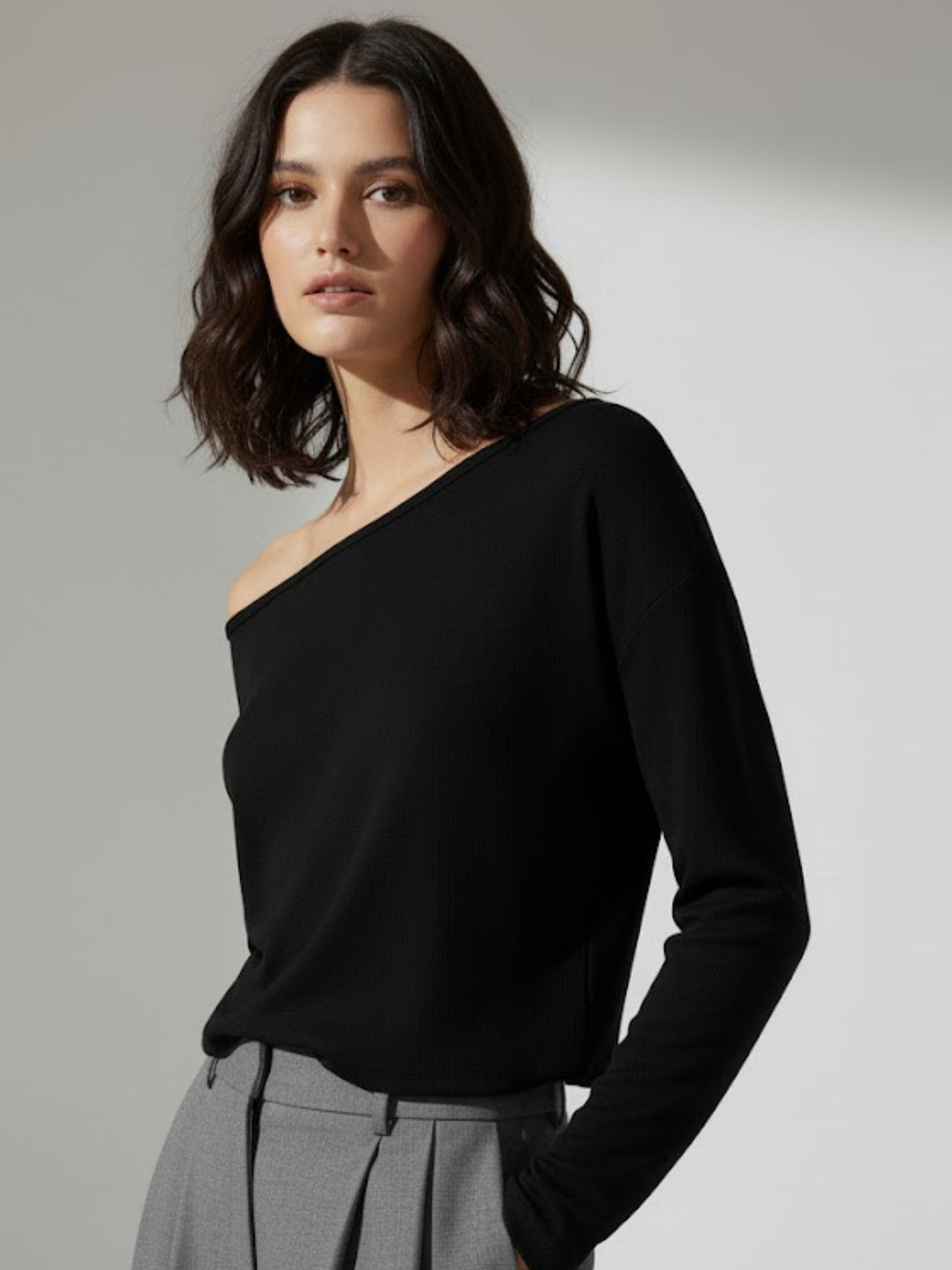 Black Off-Shoulder Solid Basic Sweater
