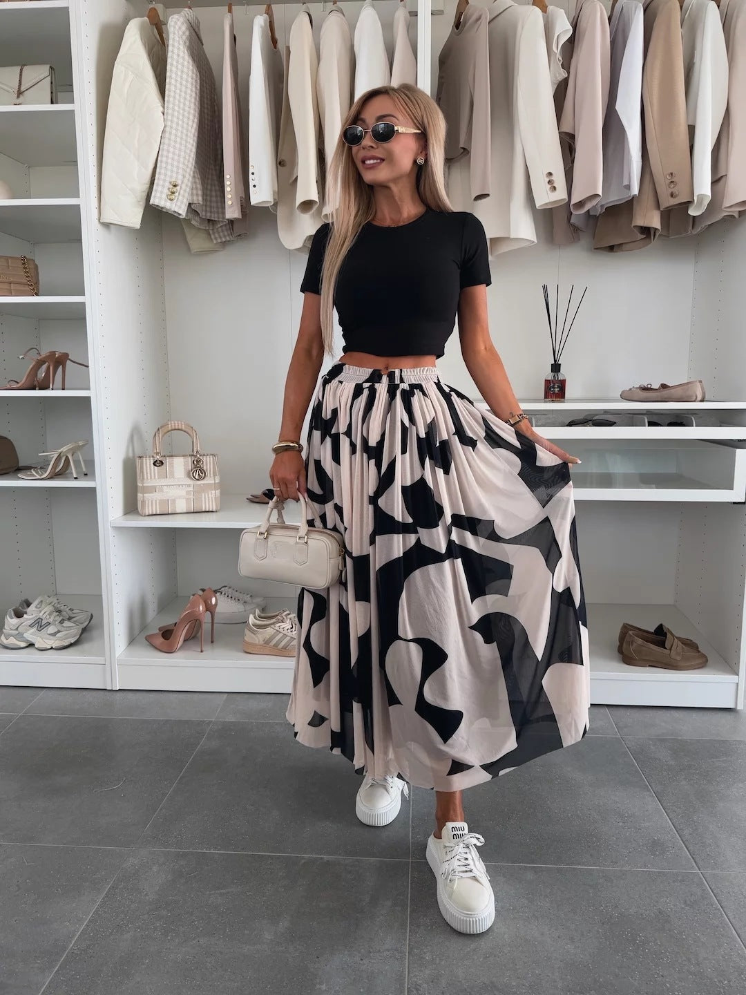 White Printed Pleated Flowy Skirt