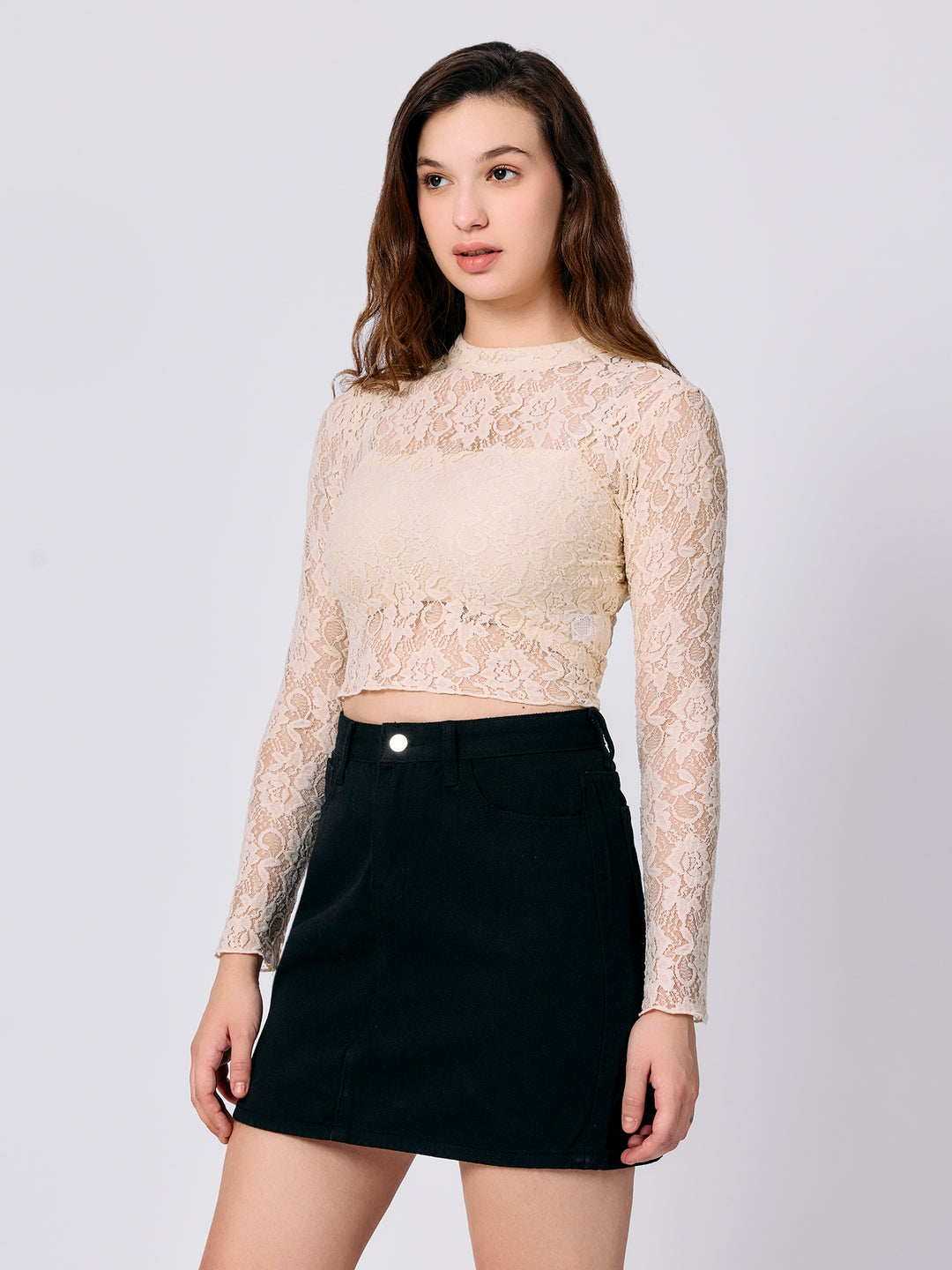 Beige Full Sleeve Fitted Lace Crop Top