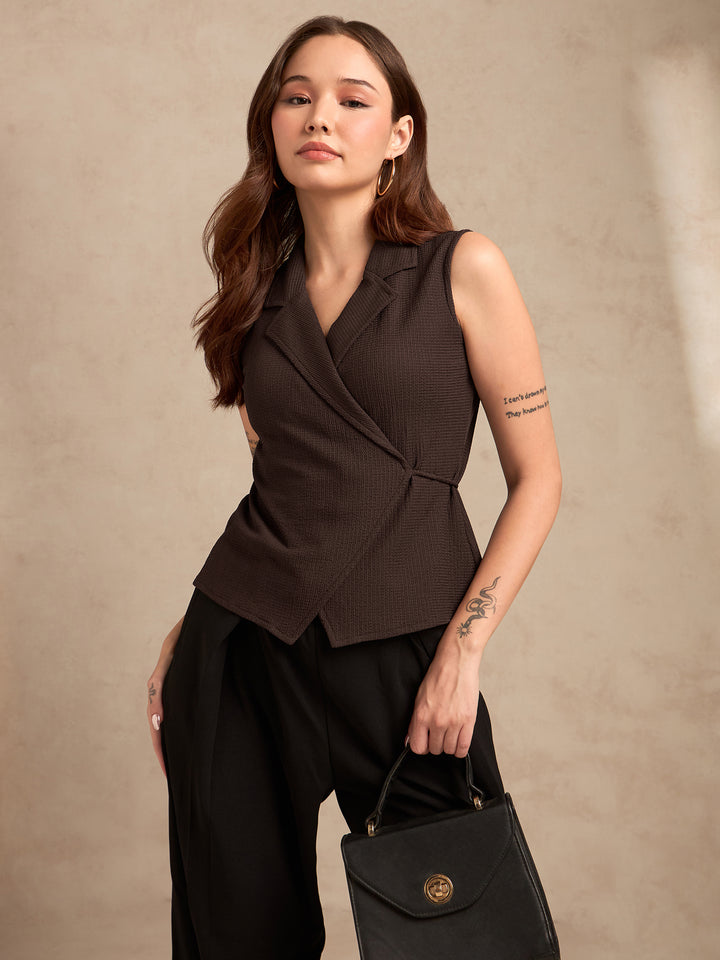 Brown Sleeveless Blazer Top With Wrap Tie Up
