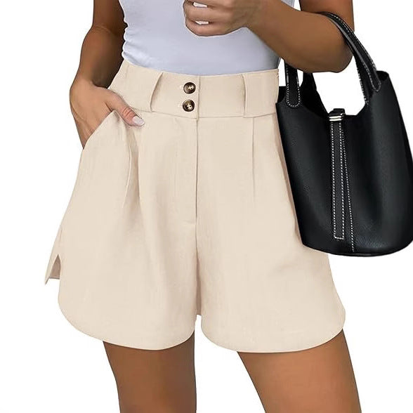 Beige Double Button Relaxed Shorts