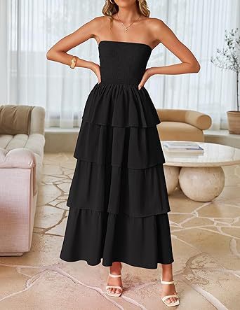 Black Tube Smoked Dress With Ruffled Layers