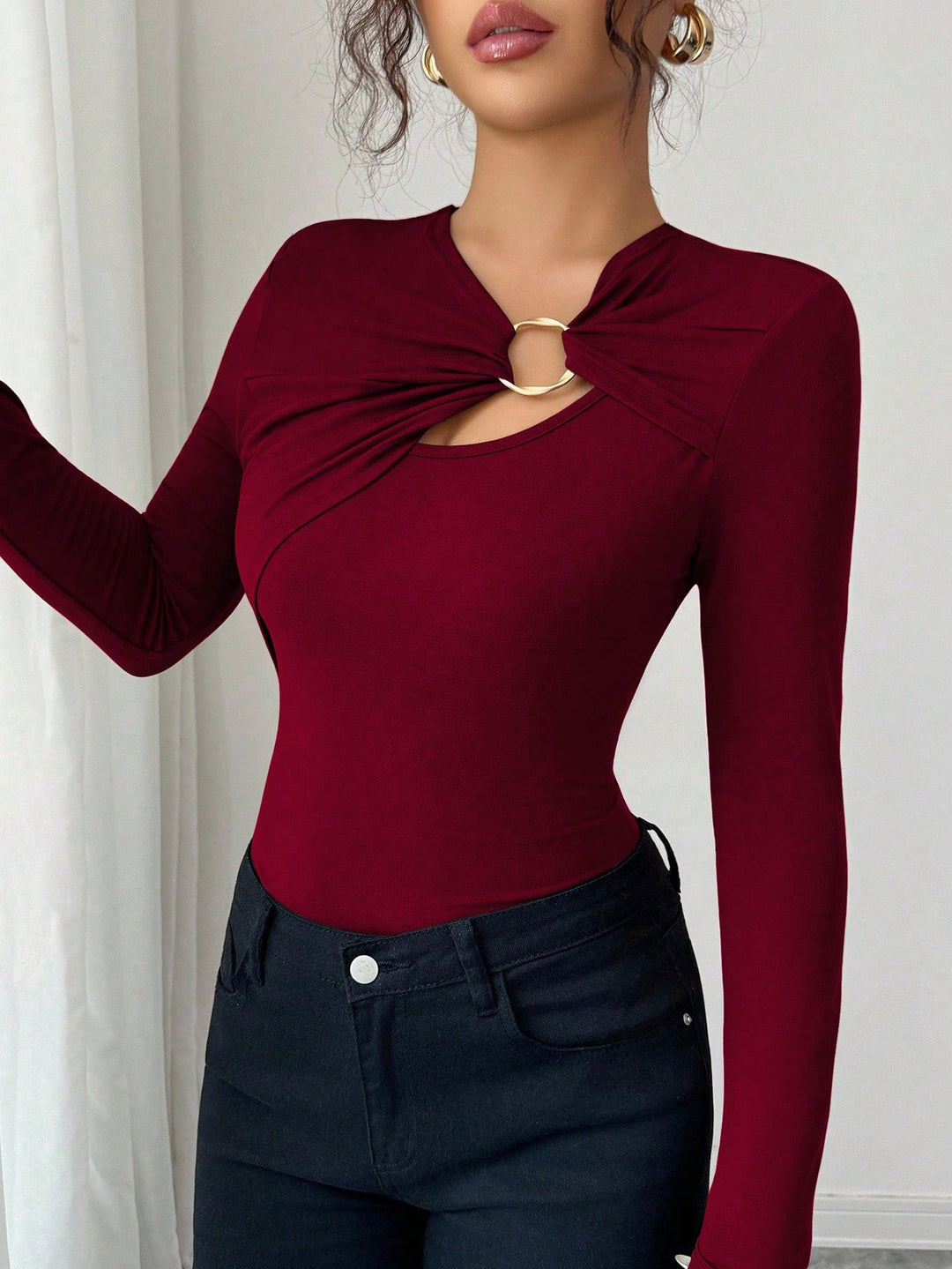 Wine Full Sleeve Front Buckle Top