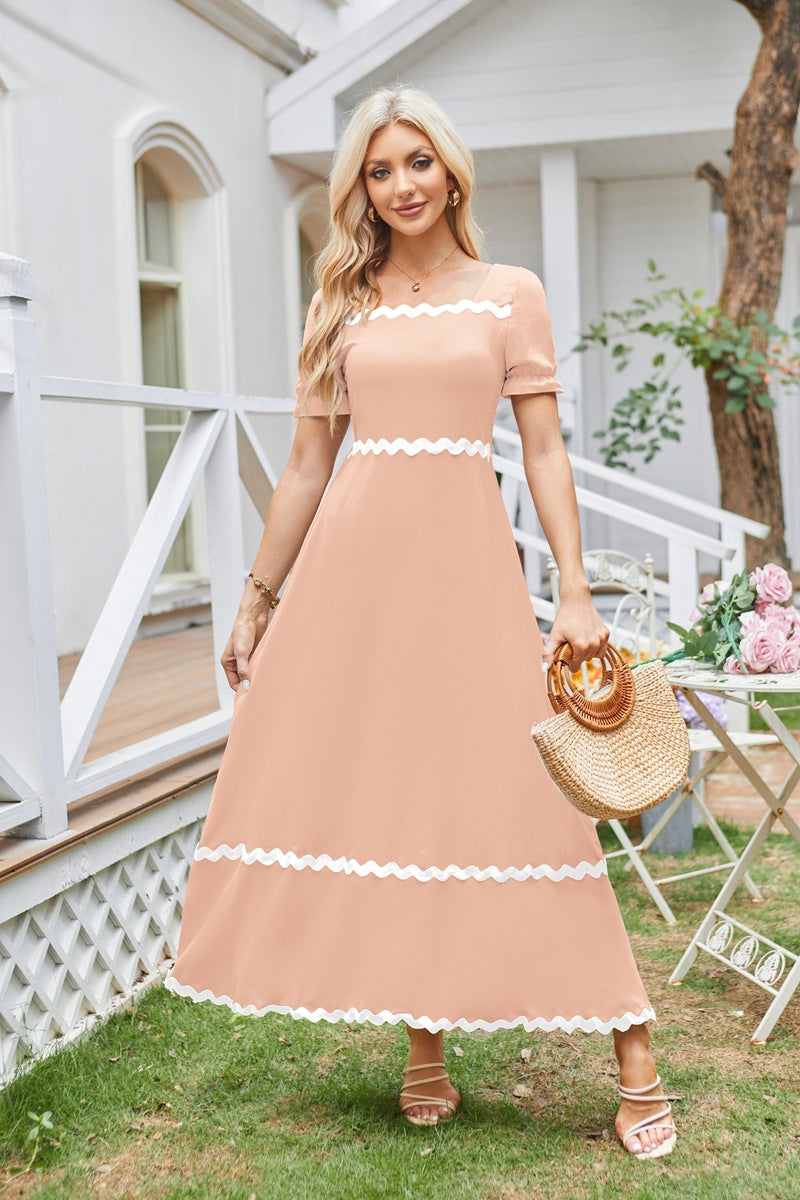 Peach Square Neck Contrast Tipping Maxi Dress