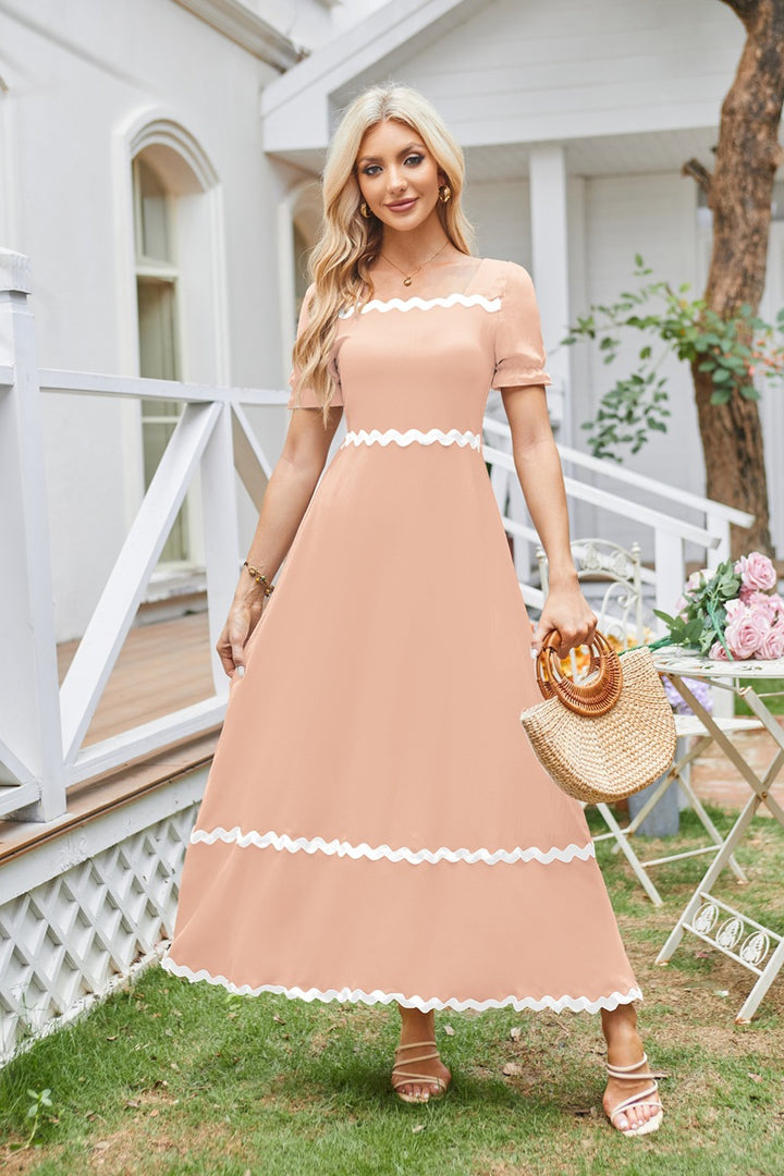 Peach Square Neck Contrast Tipping Maxi Dress