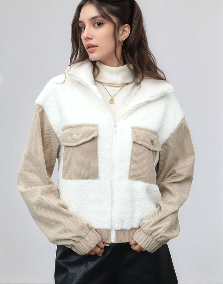 White Full Sleeve Contrast Panel Double Pocket Jacket