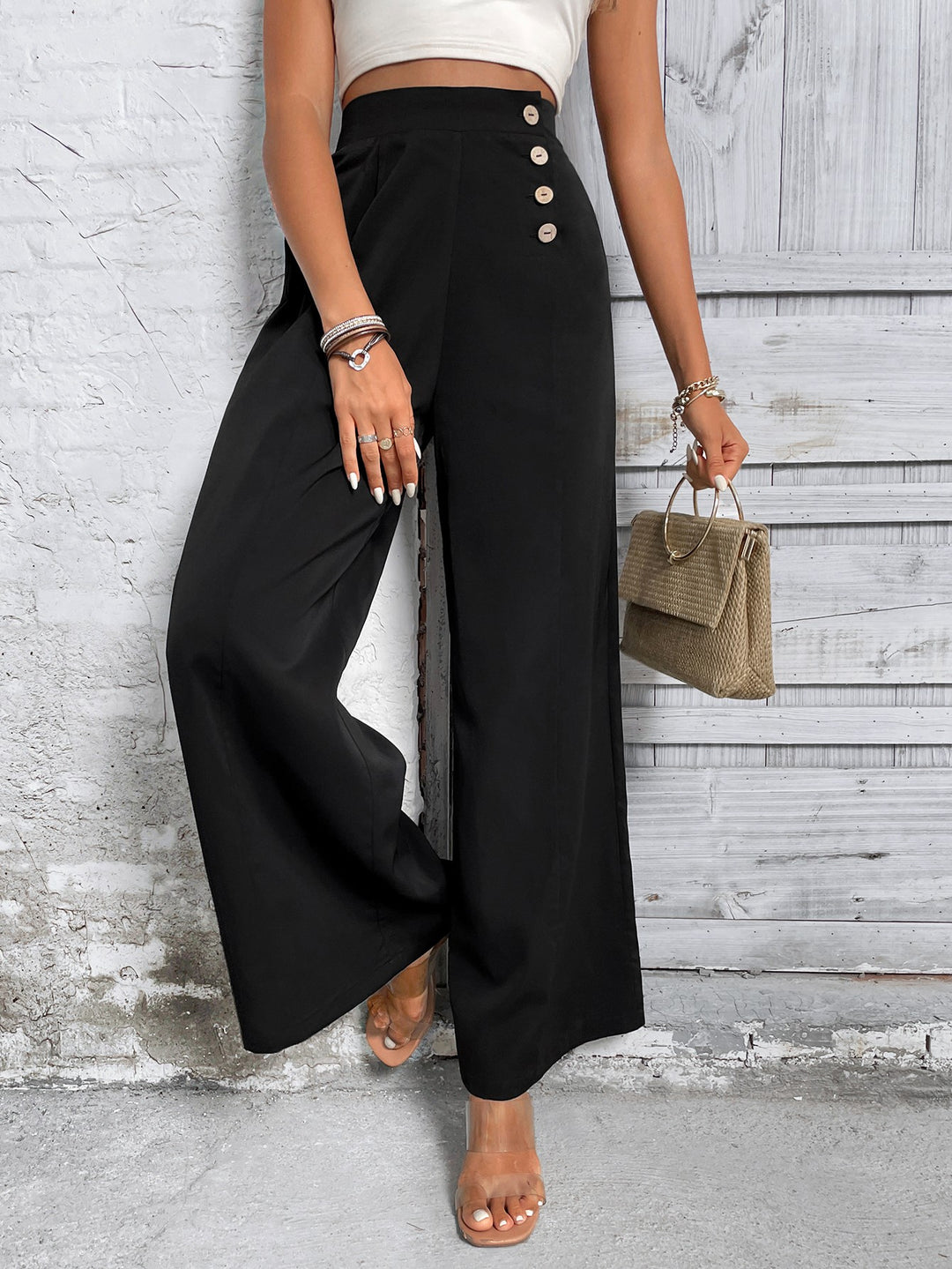 Black Wide Leg Trouser With Button Detailing At Waist