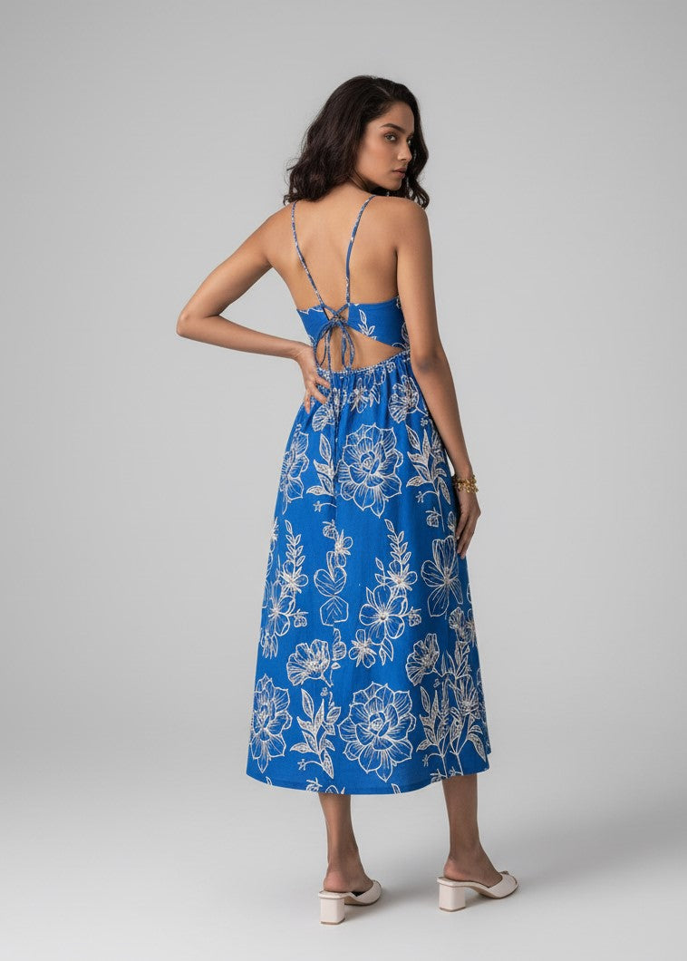 Blue Spaghetti Strap Sweetheart Neck Printed Dress