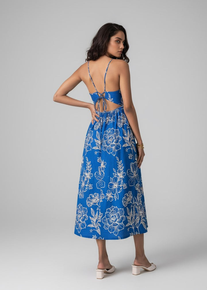 Blue Spaghetti Strap Sweetheart Neck Printed Dress