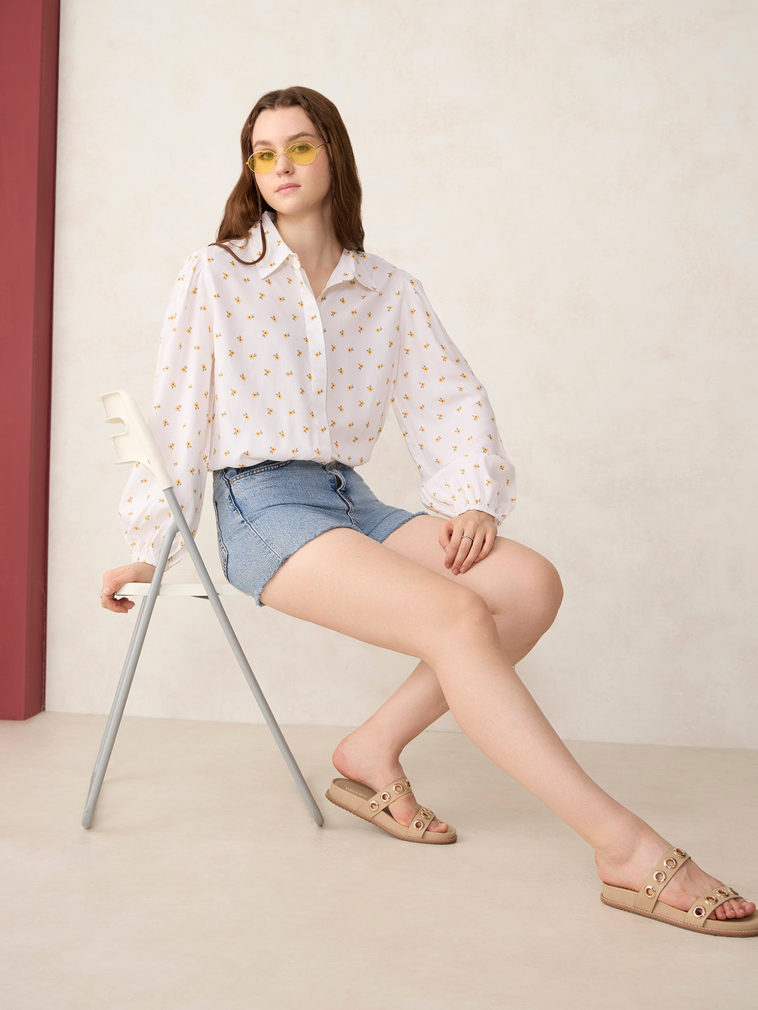 White Balloon Sleeve Printed Cropped Shirt
