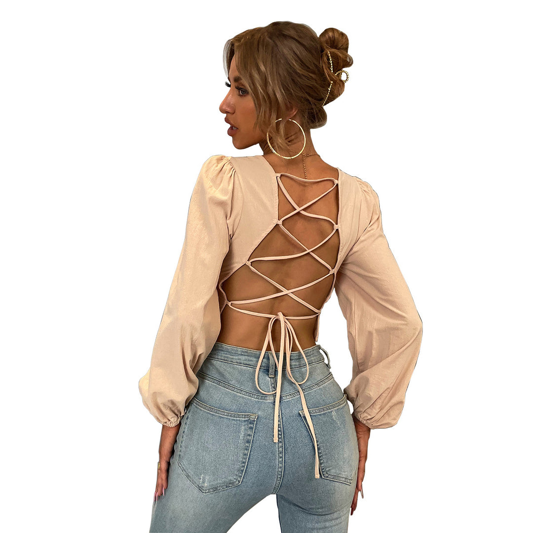 Khaki Bishop Sleeve Back Tie-Up Detail Top