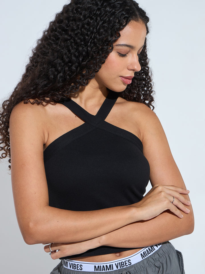Black Halter Neck Band Tank Top