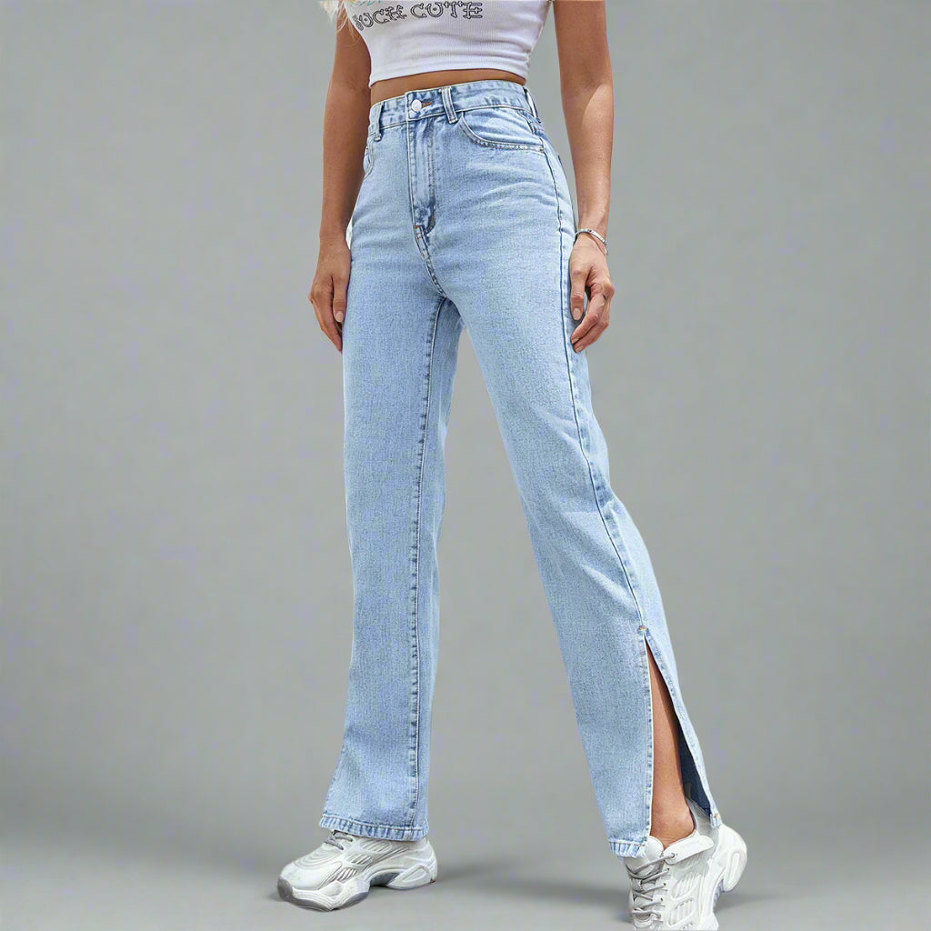 Blue Straight Denim With Side Slit