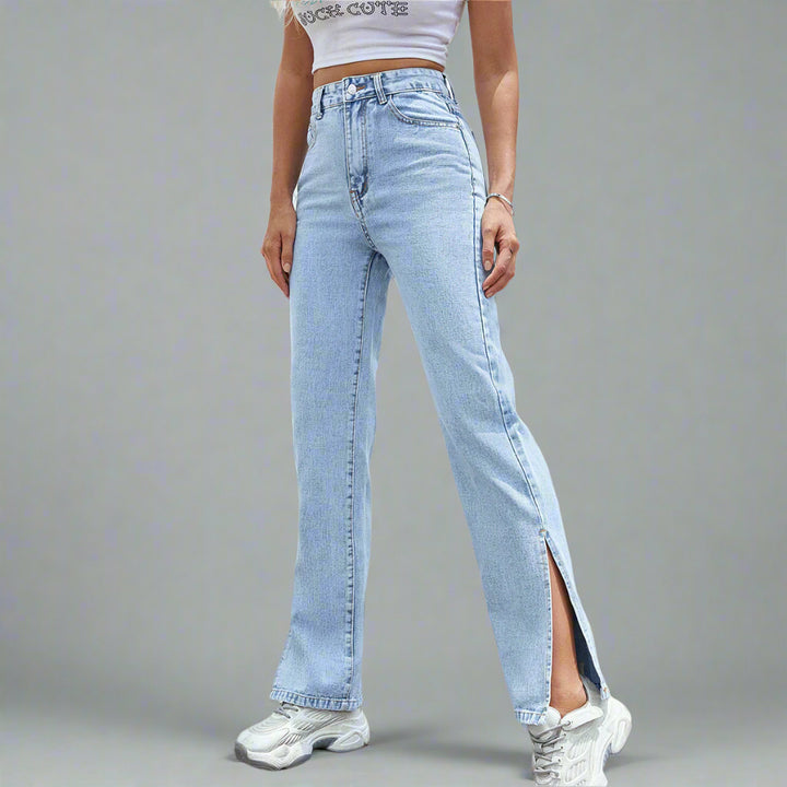 Blue Straight Denim With Side Slit