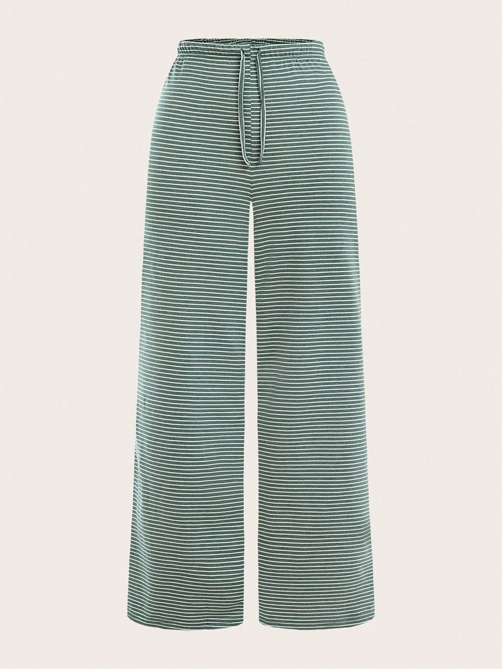 Light Blue Striped Drawstring Wide Leg Trousers
