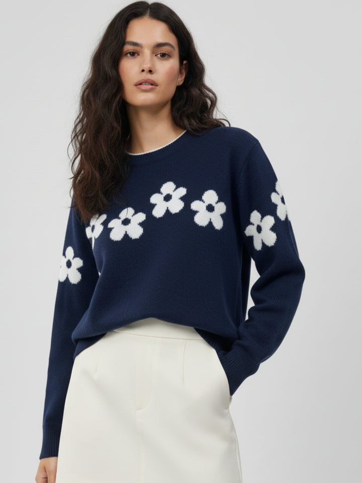 Navy Blue Full Sleeve Round Neck Printed Sweater