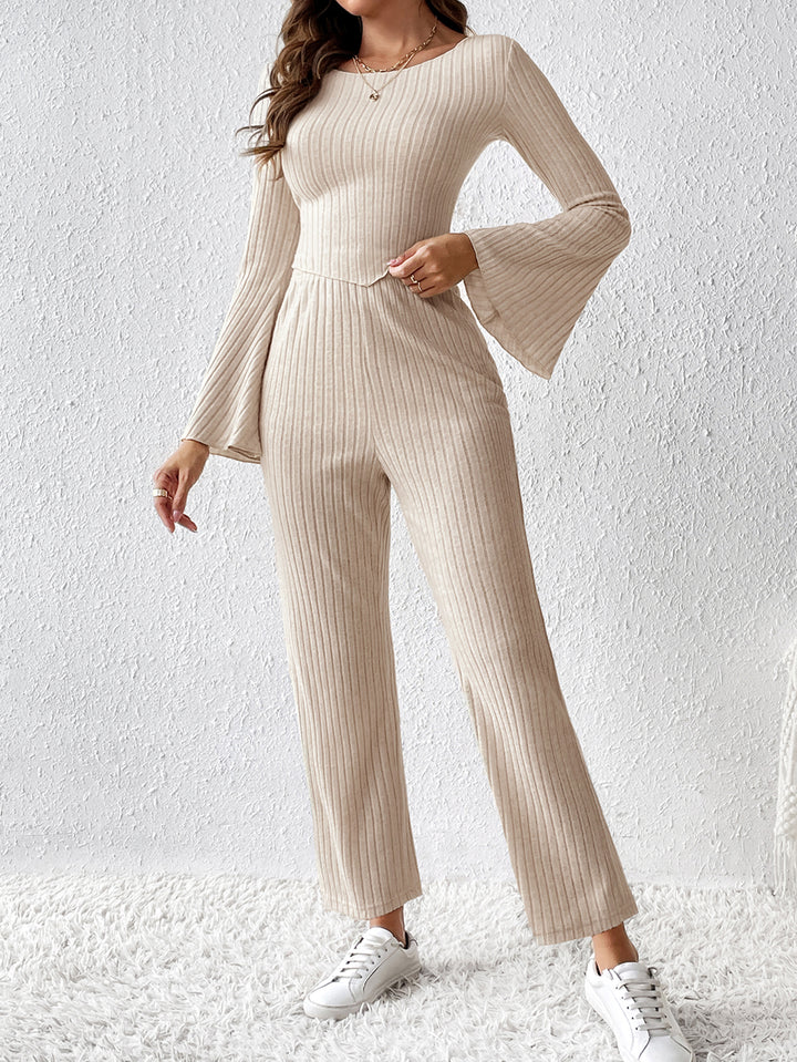Off White Bell Sleeve Asymmetrical Hem Top And Pant Set