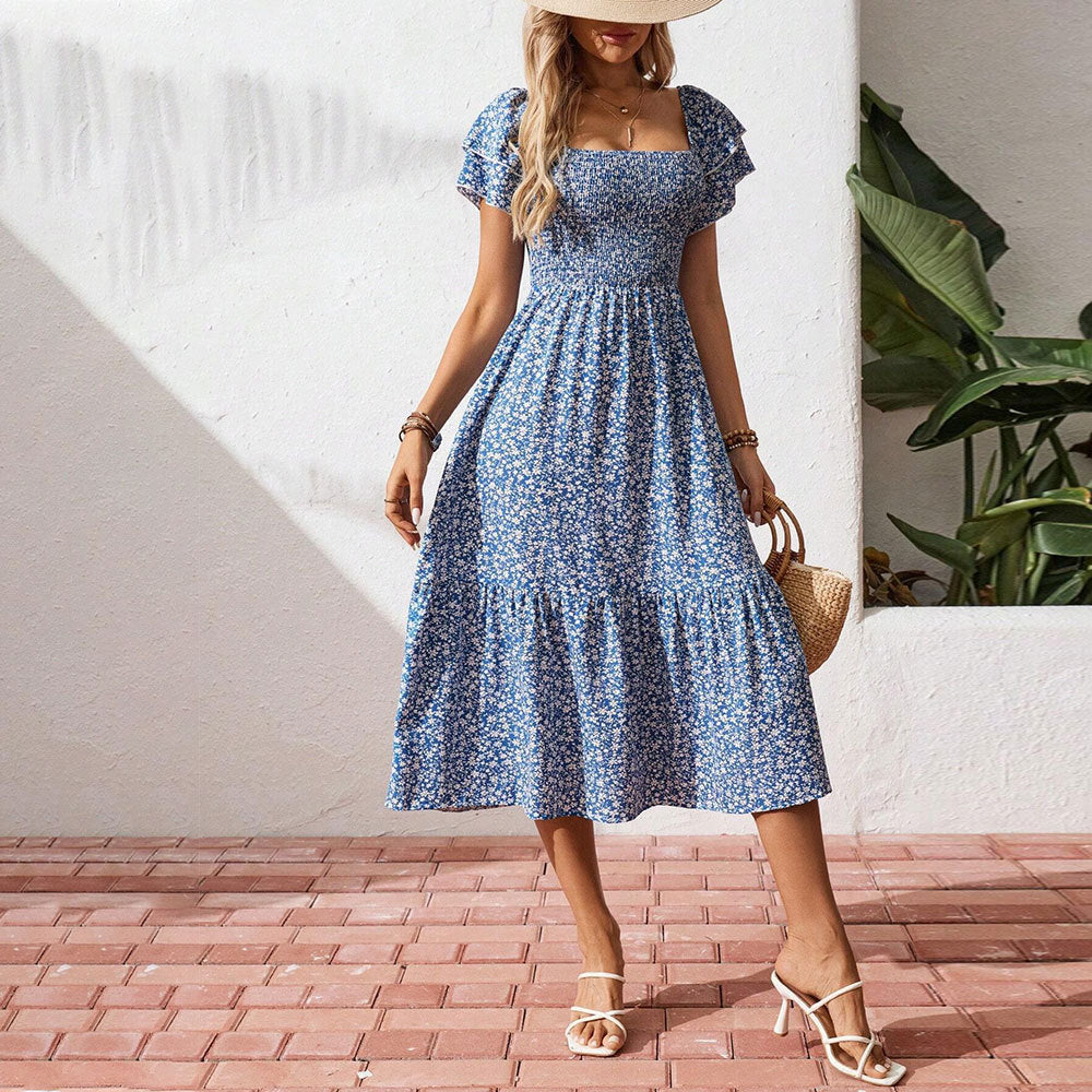 Blue Printed Ruched  Dress