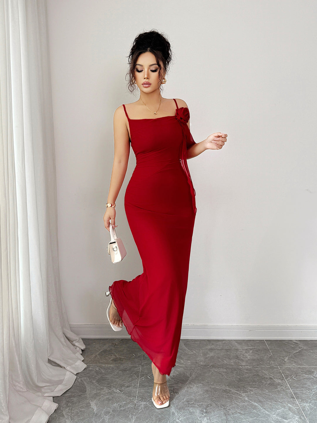 Red Spaghetti Strap Flower Detail Dress