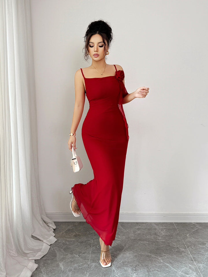 Red Spaghetti Strap Flower Detail Dress