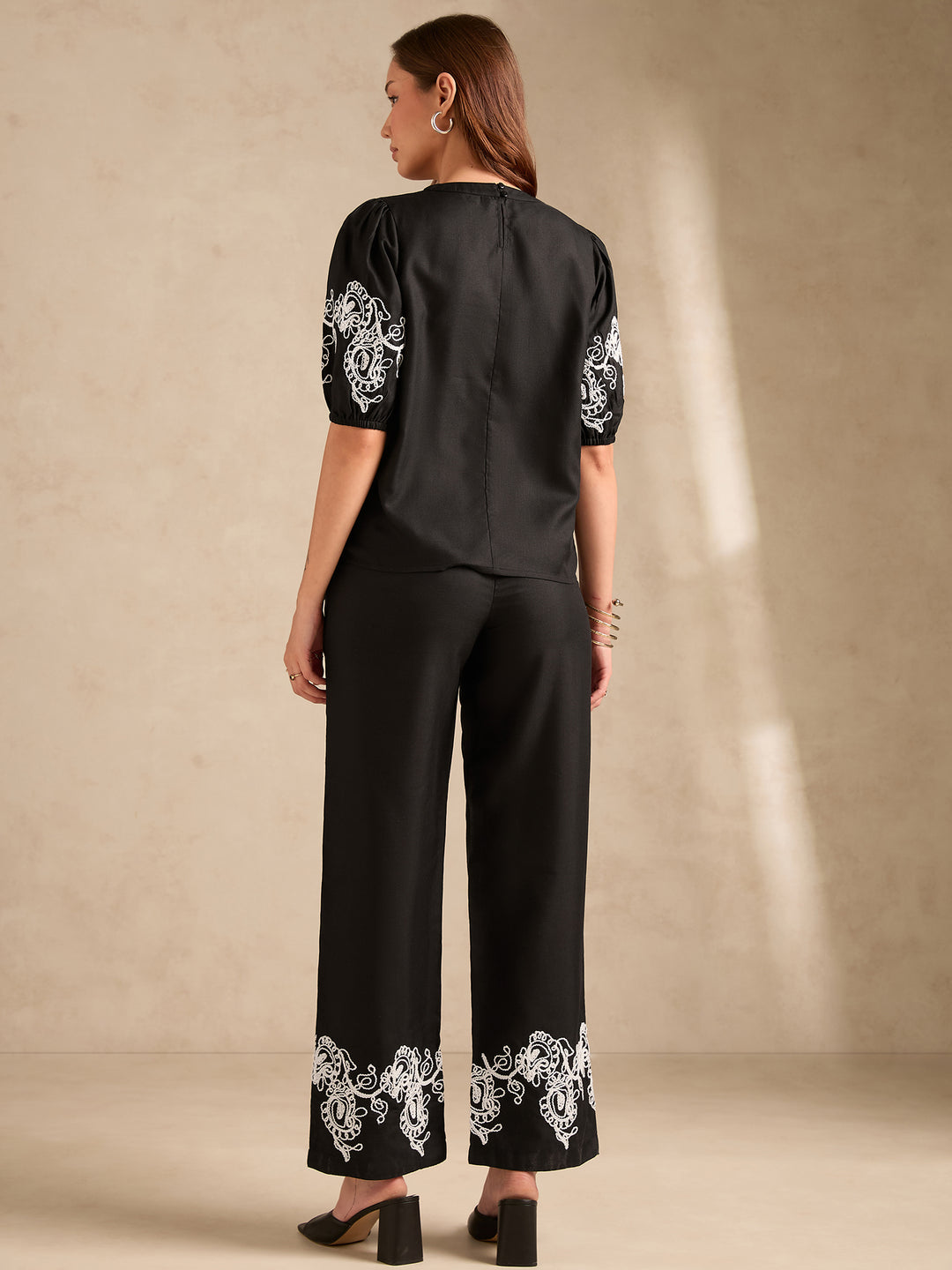 Black Co-Ord Set Embroidered Top With Straight Leg Trouser