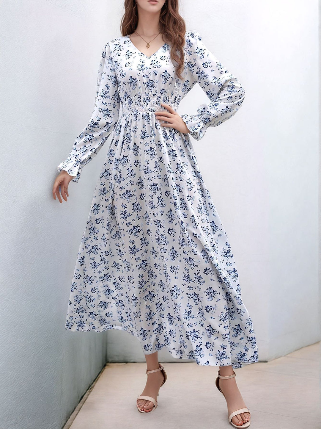 Blue Bishop Sleeve V Neck Printed Dress
