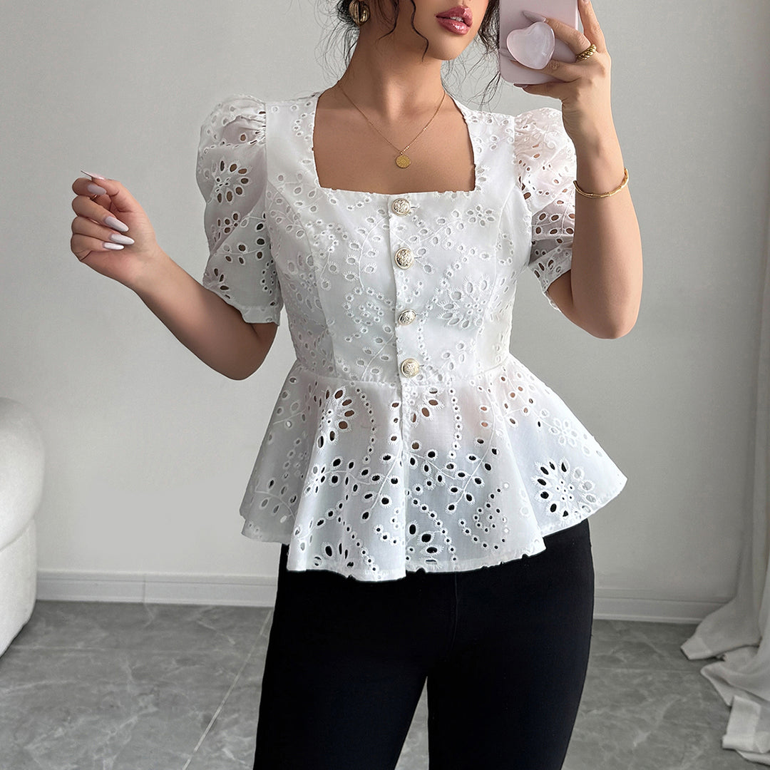 White Schiffly Peplum Top