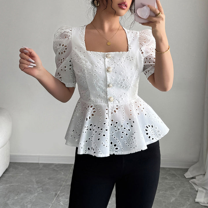 White Schiffly Peplum Top