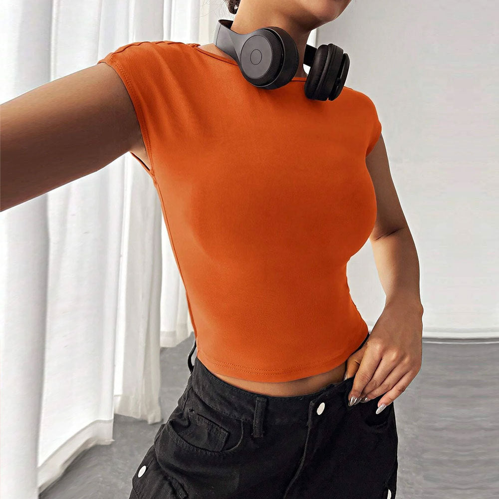 Orange Short Sleeve Back Cut Detail Top