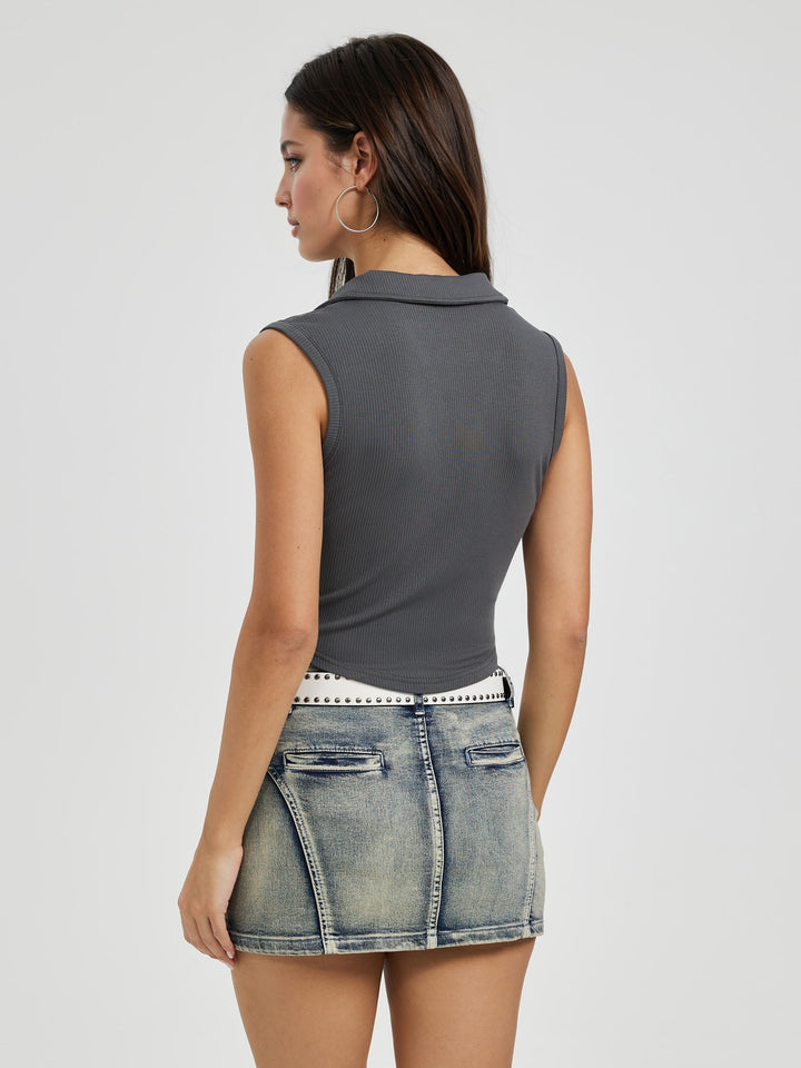 Grey Collar V Neck Crop Top