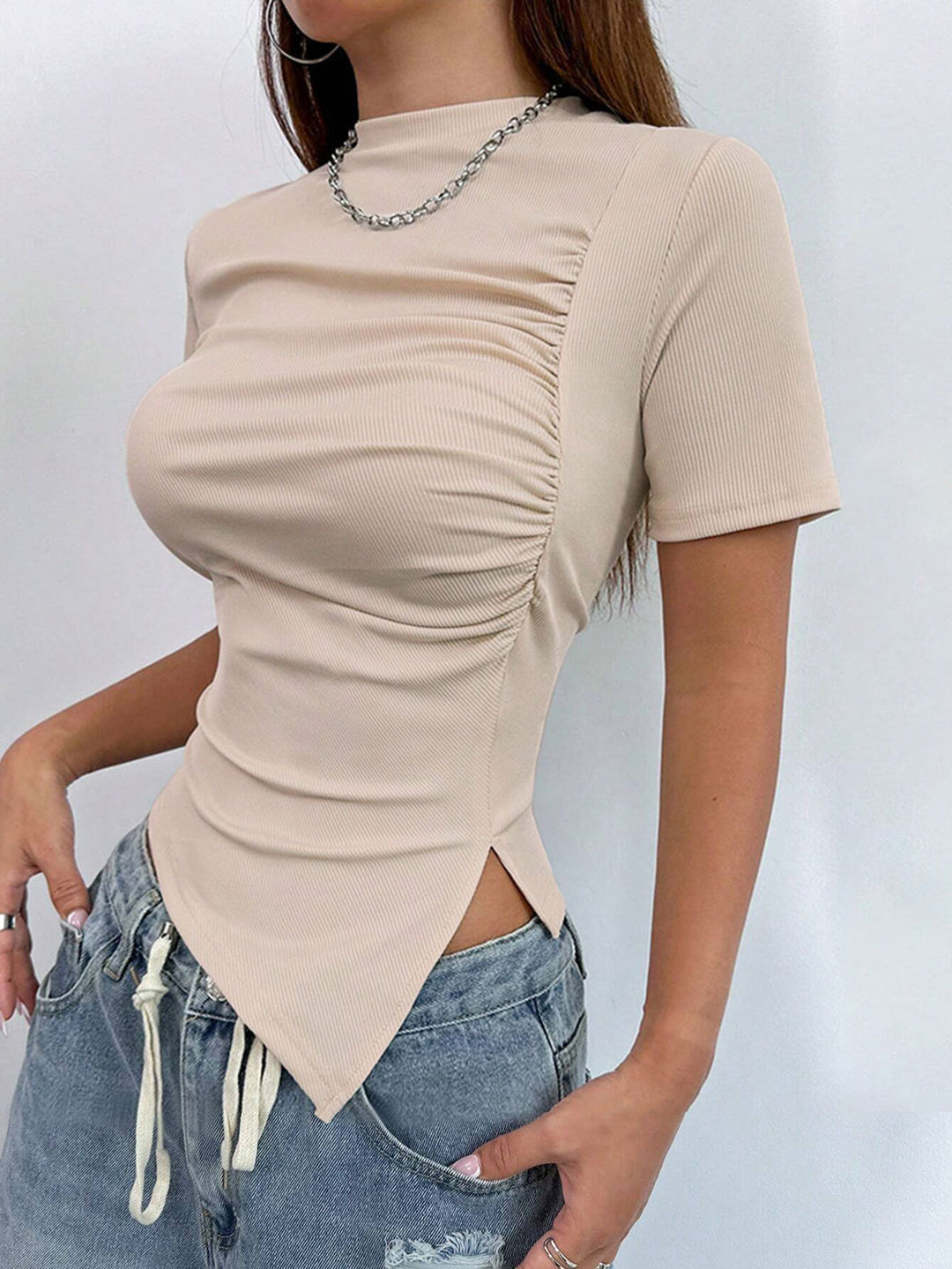 Cream Turtle Neck Side Ruched Top