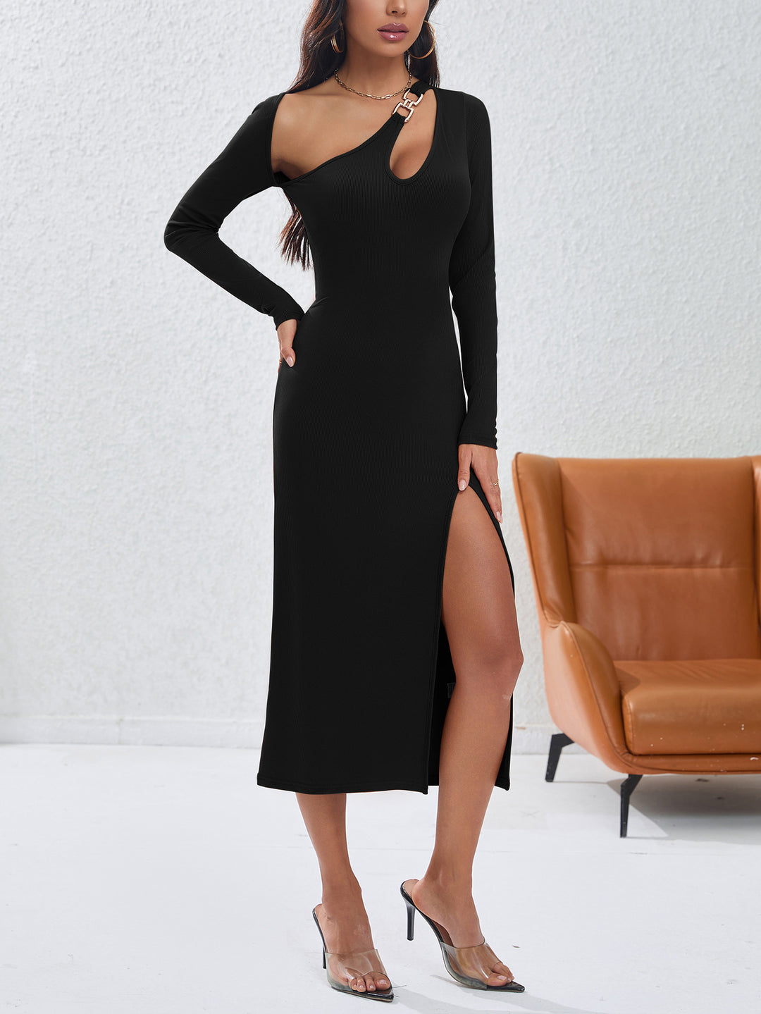 Black Side Neck Cut Out Bodycon Dress
