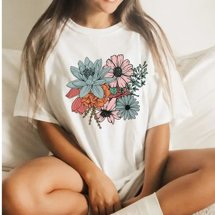 White Floral Grapphic Print T Shirt