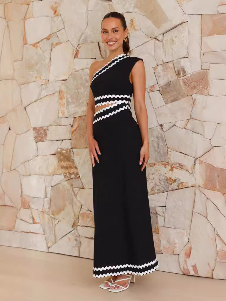 Black Contrast Binding One Shoulder Dress