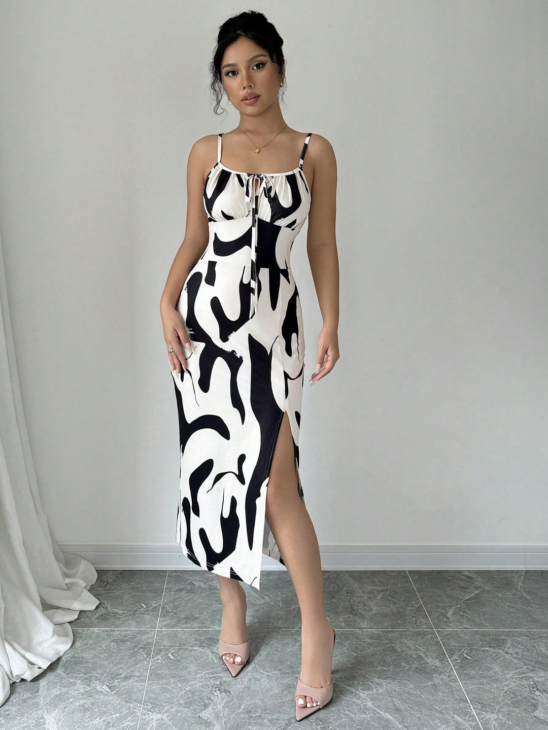 White Abstract Print Waist Fitted Dress
